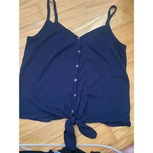 Navy button down hippie rose sleeveless tie front blouse